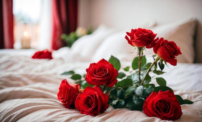 ai-generated-closeup-view-on-a-bunch-of-red-roses-on-the-bed-against-the-background-of-burning-candles-the-atmosphere-is-cozy-and-beautiful-free-photo